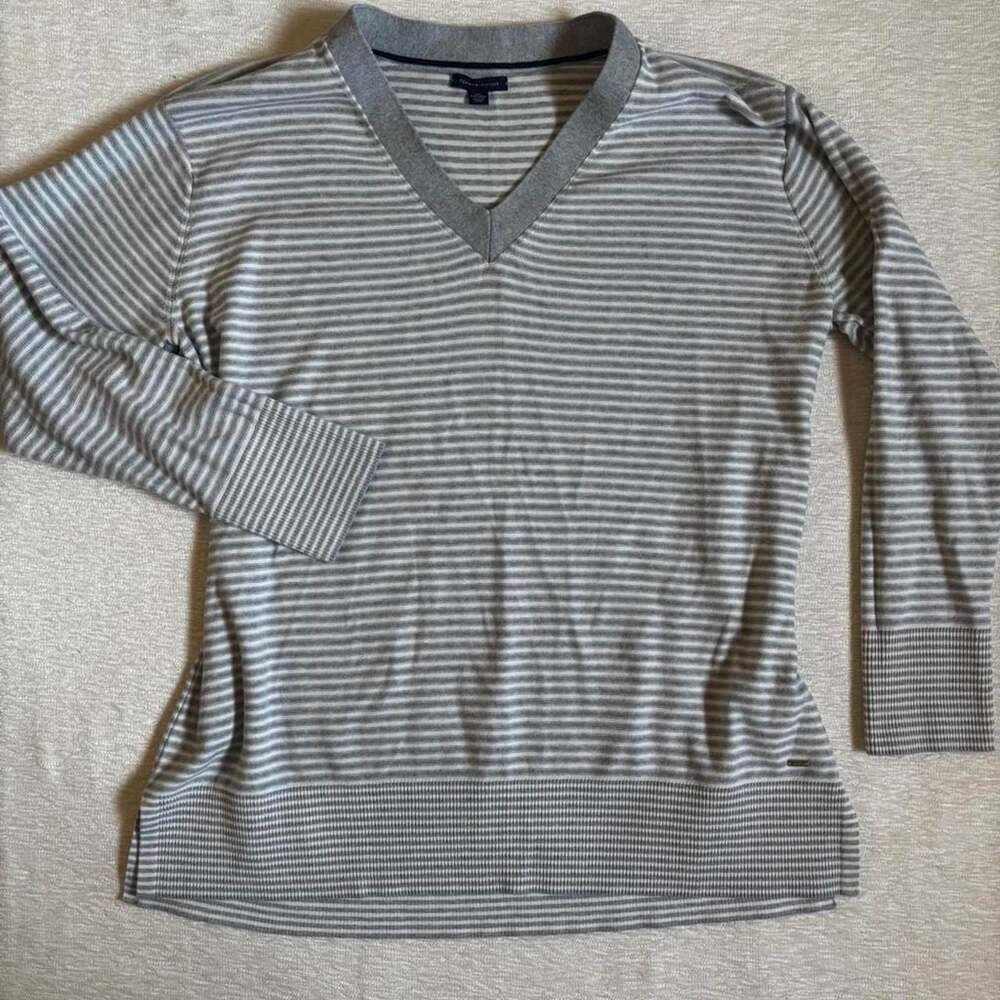 Tommy Hilfiger Grey and White Striped V-Neck Long Sleeve Sweater XXL